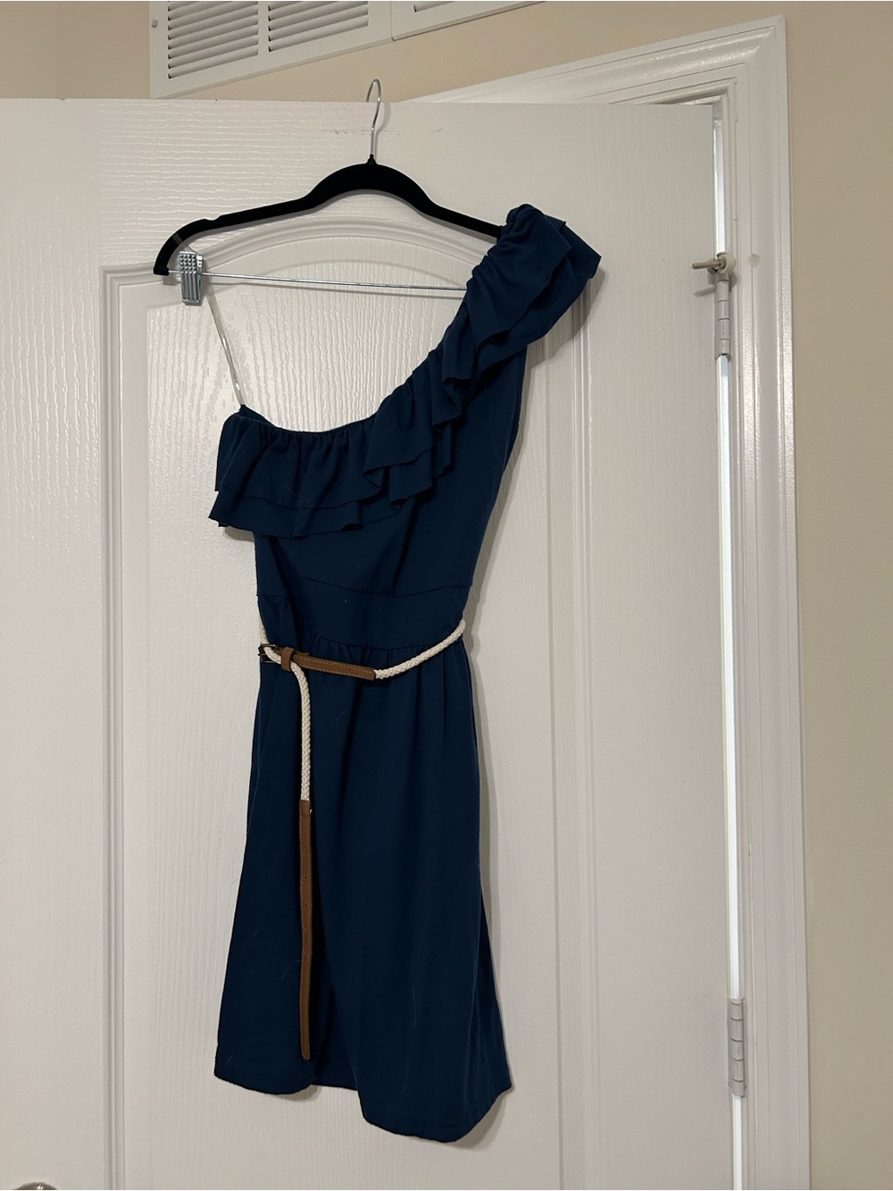 Derek Heart One-Shoulder Navy Ruffle Dress with Rope Belt
